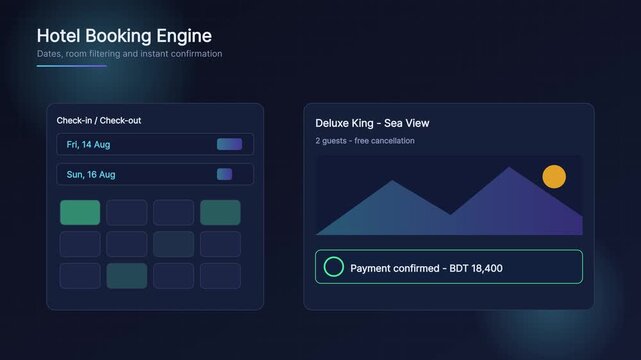 Hotel booking engine interface with instant payment confirmation and room selection ui animation 4k