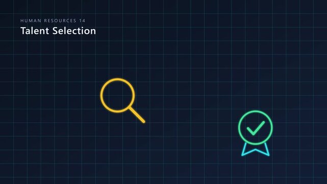 Human resources talent selection animation: magnifying glass and checkmark badge for recruitment and hiring process 4k