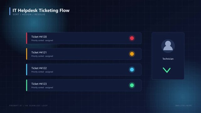 It helpdesk ticketing flow interface: automated support system, task management, and digital workflow animation for business operations 4k