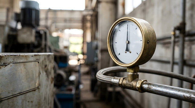Close up of analog pressure gauge on metal pipe. Industrial equipment monitoring and maintenance concept