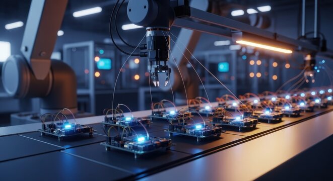 Rows of compact drone microcontrollers receiving firmware updates simultaneously on a sophisticated conveyor system in a robotics production facility.