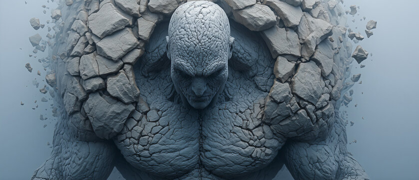 Cracked Stone Figure Emerging from Surface