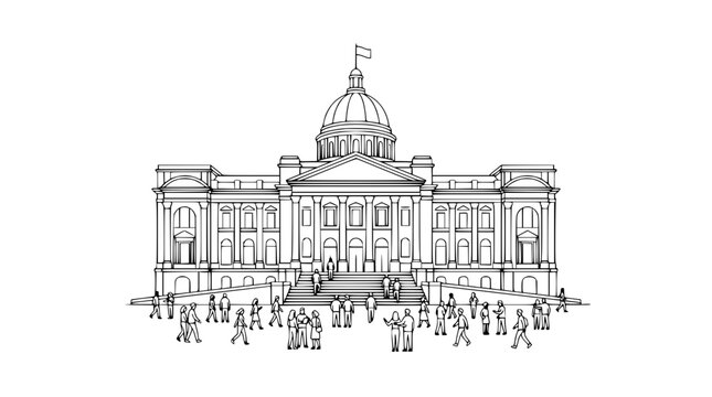 Hand Drawn Line Art Sketch of a Neoclassical Government Building with Public Crowd