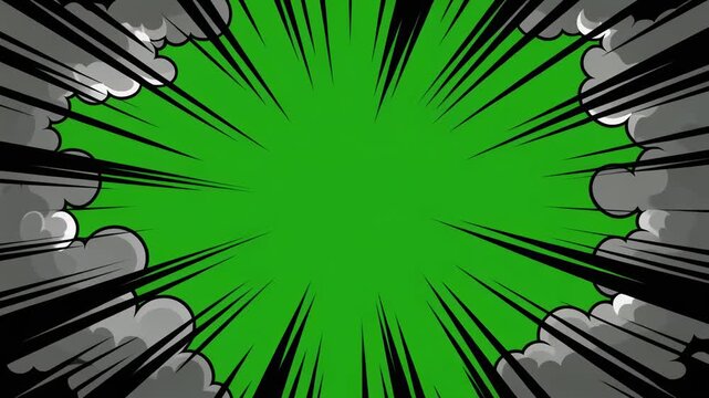 Manga comic book style background with black speed lines and smoke clouds framing a central green screen area