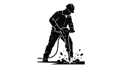 Fototapeta premium Construction worker operating heavy jackhammer drill for road repair project in solid black graphic style design