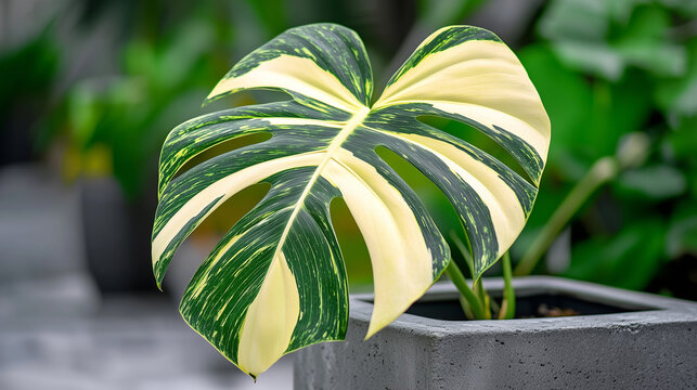 A vibrant variegated monstera leaf in a modern grey concrete pot