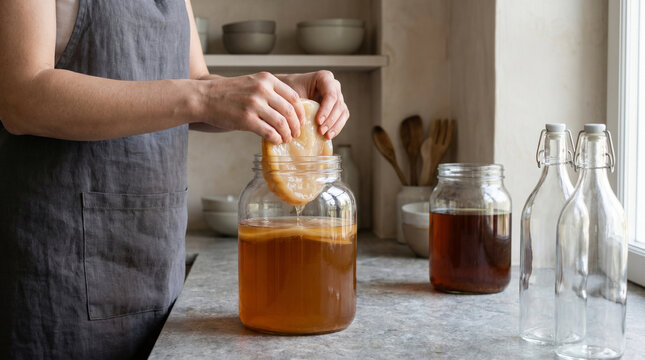 Hands Handling SCOBY in Contemporary Kombucha Kitchen Process Scene
