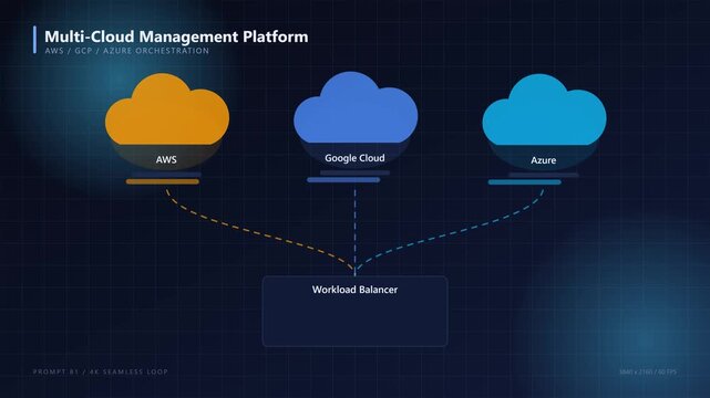 Multi-cloud management platform: aws, google cloud, and azure orchestration with workload balancer network diagram animation 4k