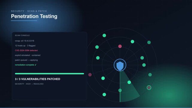 Penetration testing security scan and vulnerability patching interface animation 4k cybersecurity network security