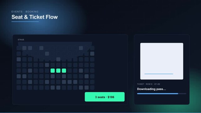 Seat and ticket flow ui animation for event booking app, digital reservation interface with progress bar and interactive seating chart 4k