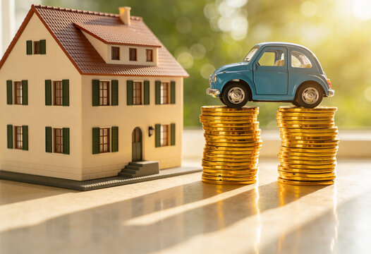 Miniature house, blue toy car, stack of gold coins, real estate investment, home loan, savings plan, mortgage concept, car loan, financial goal, property budget, wealth management, auto insurance.