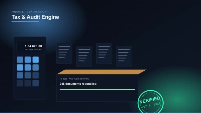 Tax audit engine digital interface for financial verification and document reconciliation process animation 4k