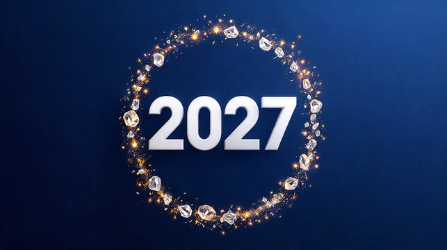 Happy New Year 2027 numbers with sparkling crystal diamond ring, luxury 2027 celebration frame, bright 2027 date, festival, glowing 2027 banner, new year 2027, crystal frame, sparkling 2027 poster.