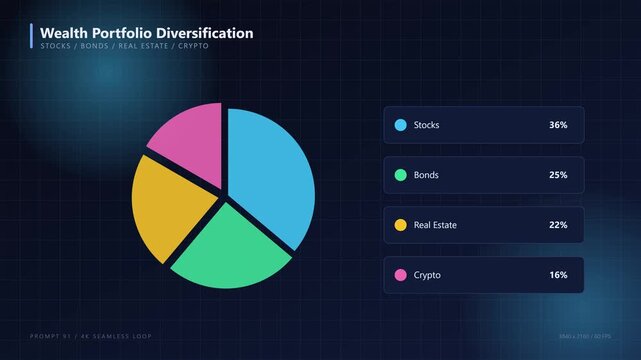 Wealth portfolio diversification pie chart with stocks, bonds, real estate, and crypto data visualization for financial analysis animation 4k
