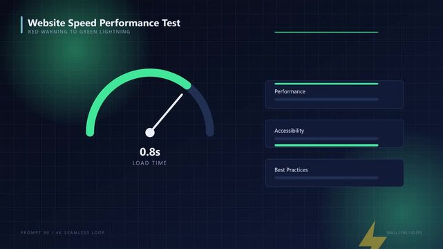 Website speed performance test dashboard with load time gauge and optimization metrics for seo and web development analytics animation 4k