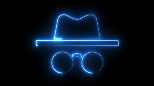 neon incognito icon isolated on black background. Incognito mode icon animation. Agent Incognito Mascot with Hat and Sunglasses and Cyber Crime Video..