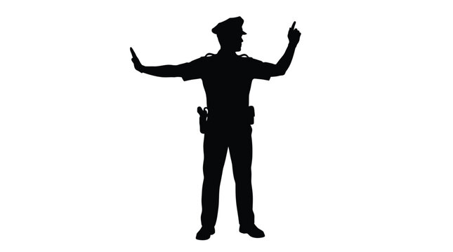 Silhouette of police officer signaling traffic flow using hand gestures against a bright white background