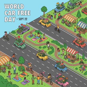 Isometric city street with parks for Car Free Day.