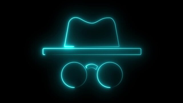 neon incognito icon isolated on black background. Incognito mode icon animation. Agent Incognito Mascot with Hat and Sunglasses and Cyber Crime Video..