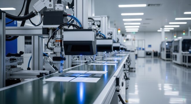 Brightly lit production hall housing electrode coating units with automated quality control sensors for solidstate batteries.