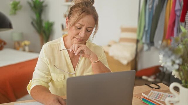 Woman holding glasses to chin while working on laptop in a studio with color swatches and clothing rack; thoughtful contemplation.