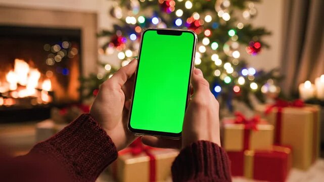 Hands holding smartphone with green screen by Christmas tree