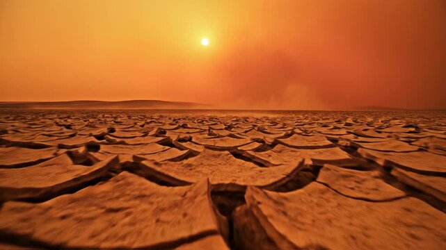 Wide angle view of severely cracked, parched earth under a dense, hazy orange sky with a bright sun, representing extreme drought, climate change, and agricultural land degradation.