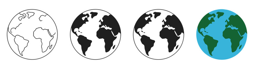 Obraz premium Earth globe symbols with world map, continents, and oceans in simple flat vector design for geography and navigation