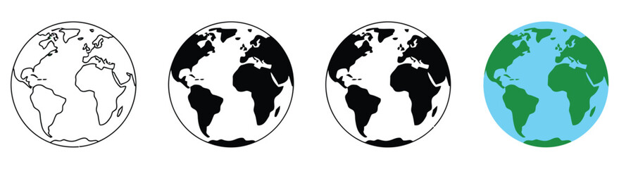 Obraz premium Globe icons featuring earth, world map, and planet designs in black, white, blue, and green flat vector style