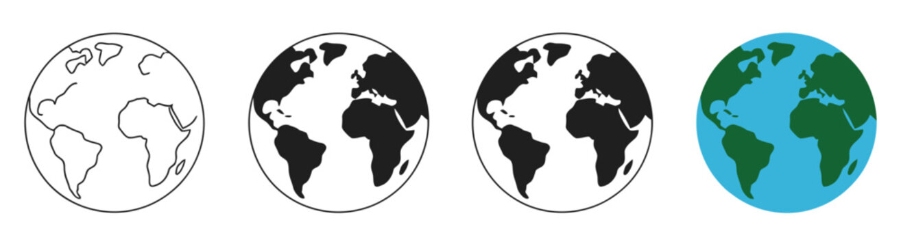 Earth globe symbols with world map, continents, and oceans in simple flat vector design for geography and navigation