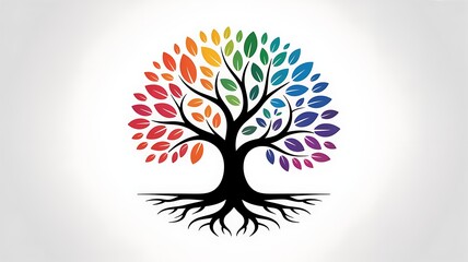 Obraz premium A beautiful artistic illustration of an evergeen tree featuring vibrant rainbow colored leaves and deep roots isolated on a clean white background design