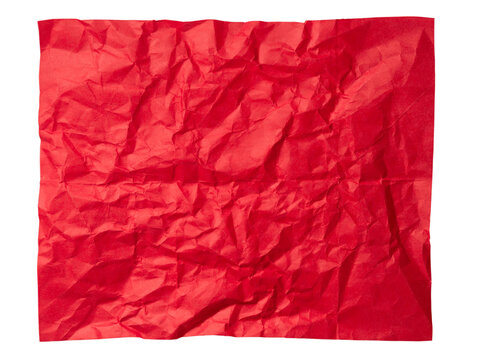Crumpled red paper sheet texture isolated on transparent background.
