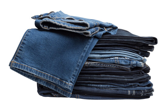 stack of folded denim jeans in different blue shades isolated on transparent background.
