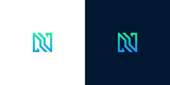 Modern letter N tech logo design vector template with abstract gradient lines in blue and green