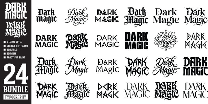 Dark magic typography bundle, mystical lettering collection, occult inspired text designs, fantasy phrase set, magical graphic elements, enchanted font styles.
