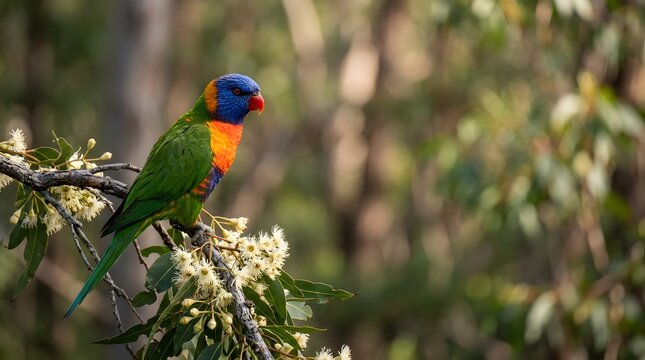 Rainbow lorikeet perched on a flowering branch. Vibrant wild bird in a natural forest.