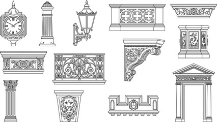 Classical Architectural Ornament Elements Collection with Decorative Columns Cornices and Facade Details Vector Set © MdJimAhamed