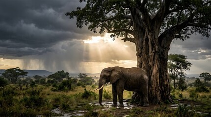 Fototapeta premium African elephant standing under a tree. Majestic wildlife in a dramatic rainstorm landscape.