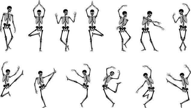 Halloween Dancing Skeleton Pose Collection with Spooky Bone Character Silhouettes for Seasonal Designs
