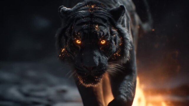Black tiger with glowing orange eyes and fire sparks