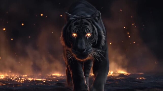 Black tiger with glowing eyes walking through fire and smoke