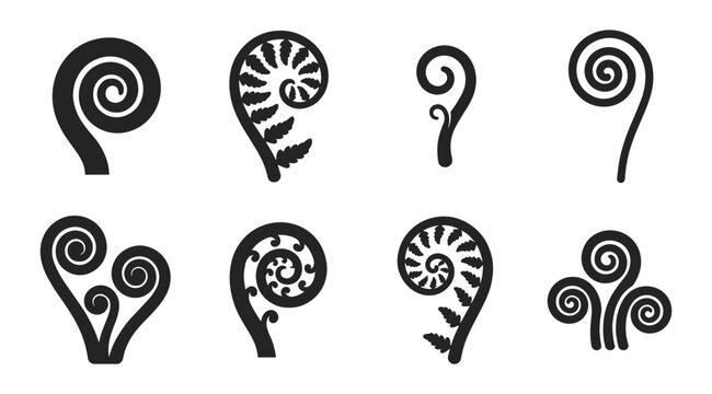 Fern Fiddlehead Koru Silhouette Vector Set Isolated on White Background for Spiral Nature Logo and Botanical Design