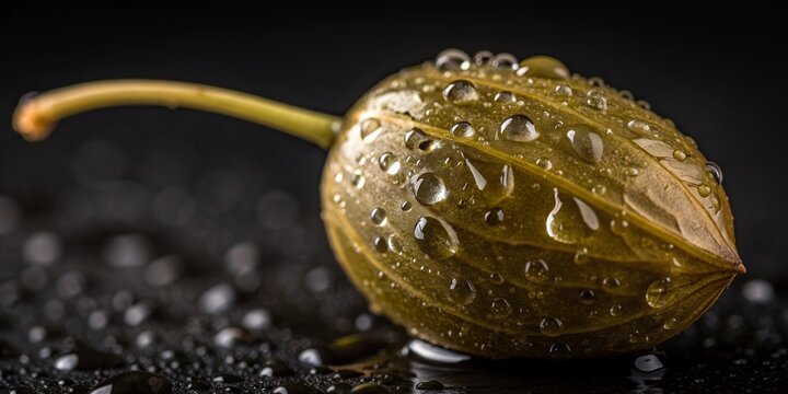 Close up view of a caper with water droplets highlighting its texture and freshness