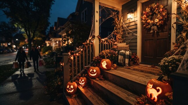 Decora&ccedil;&atilde;o de varanda de Halloween com ab&oacute;boras esculpidas e teias de aranha assustadoras.