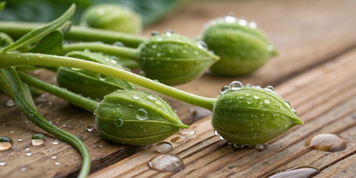 Fresh caper buds glisten with water drops in a close up macro view on rustic wooden surface