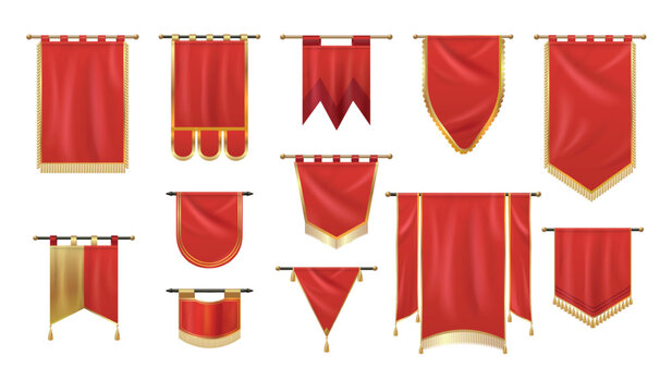 Royal pennants. Realistic flag, medieval pennant red castle wall hanging banner silk satin cloth fabric old vertical royalty ensign pendant tassel mockup exact vector illustration