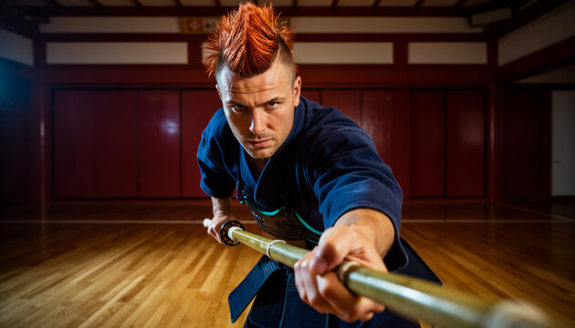Intense portrait of a fierce martial artist with an orange mohawk wielding a bamboo shinai sword inside a traditional wooden Japanese dojo with dramatic dark illumination