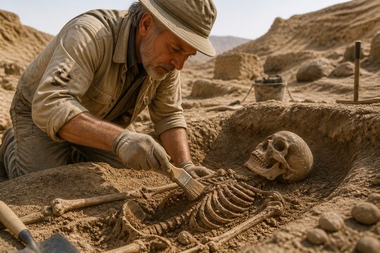 A person works on an excavation site in the desert. They carefully clean a skeleton with a brush. The sun shines bright, revealing the dusty surroundings.