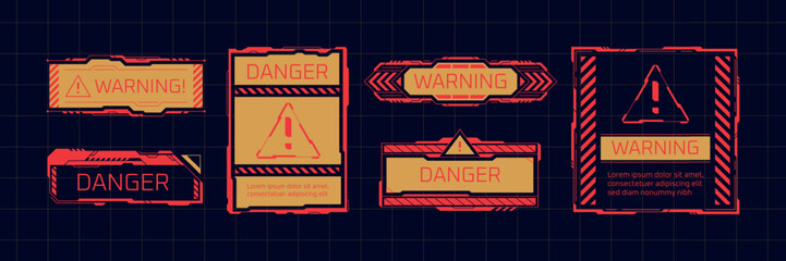 Obraz premium Attention hud frames. Danger alert red sign, warning frame tech system digital screen error caution button retro futuristic cyber security high exclamation text vector illustration
