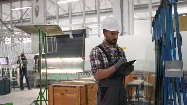 Factory worker checking glass sheets quality and taking notes